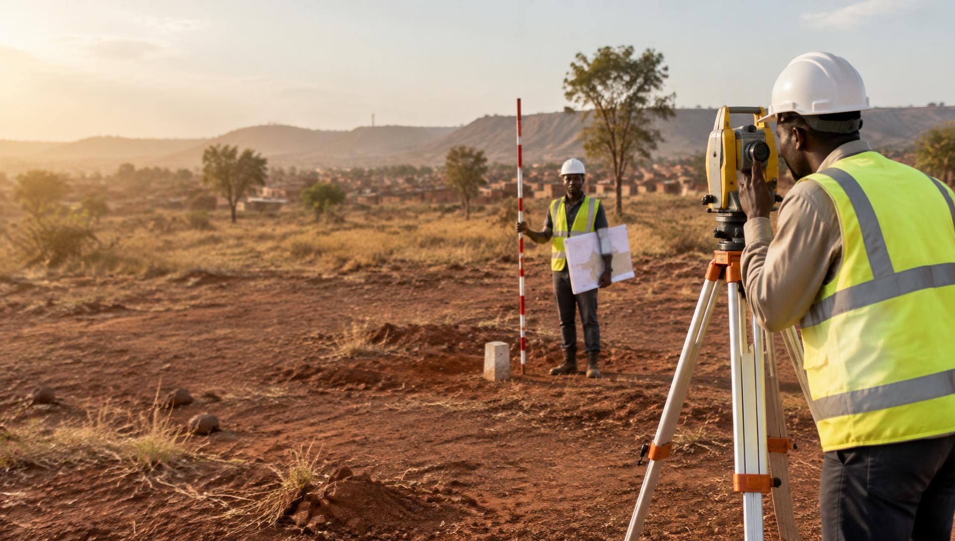 Agents du cadastre effectuant un levé de terrain à Kambove
